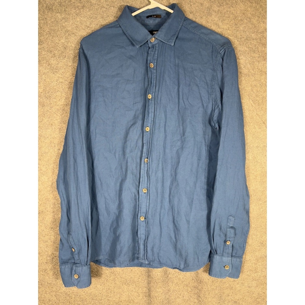 Mavi Mens Slim Fit Button Down Shirt Blue Textured Cotton Long Sleeve Medium